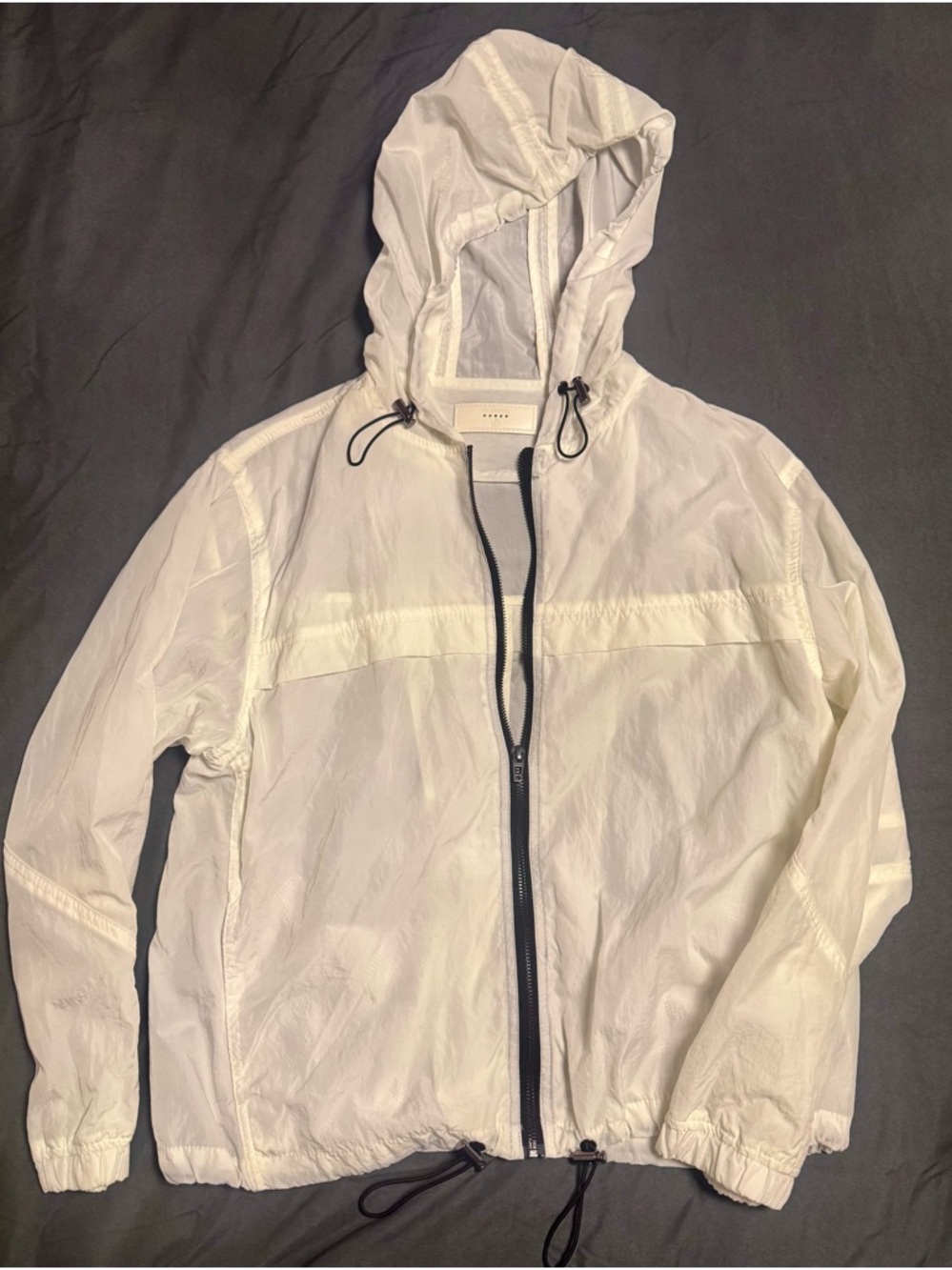 Blank NYC White Hooded Windbreaker with Black Zip Detail